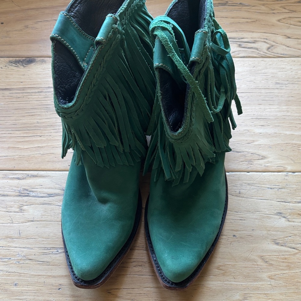 Green Suede Fringe Ankle Booties